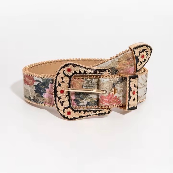 Accessories - Embellished Floral Western Buckle Belt - Gold & Multicolor 45”